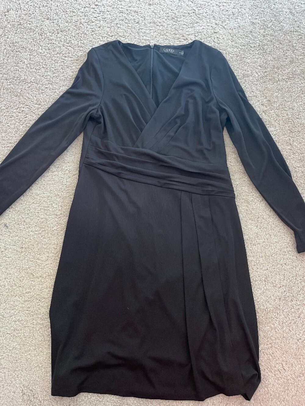 Lauren Ralph Lauren Black Faux Wrap Dress Size 14 Long Sleeve Ruched Sheath